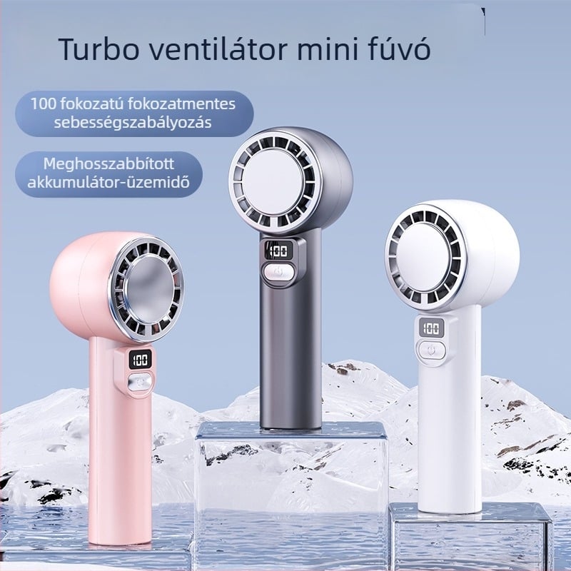 USB-töltésű kézi ventilátor digitális kijelzővel, tükrös kialakítás, zajmentes működés, 4 sebesség, beépített 1200–2000mAh akkumulátor, akár 6 órás üzemidő