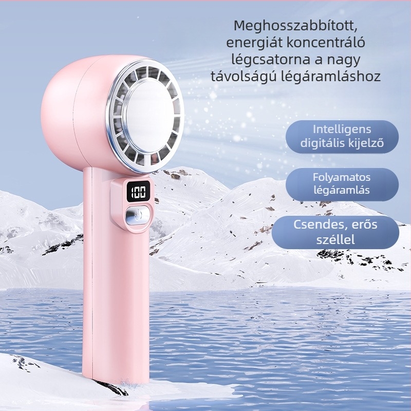 USB-töltésű kézi ventilátor digitális kijelzővel, tükrös kialakítás, zajmentes működés, 4 sebesség, beépített 1200–2000mAh akkumulátor, akár 6 órás üzemidő