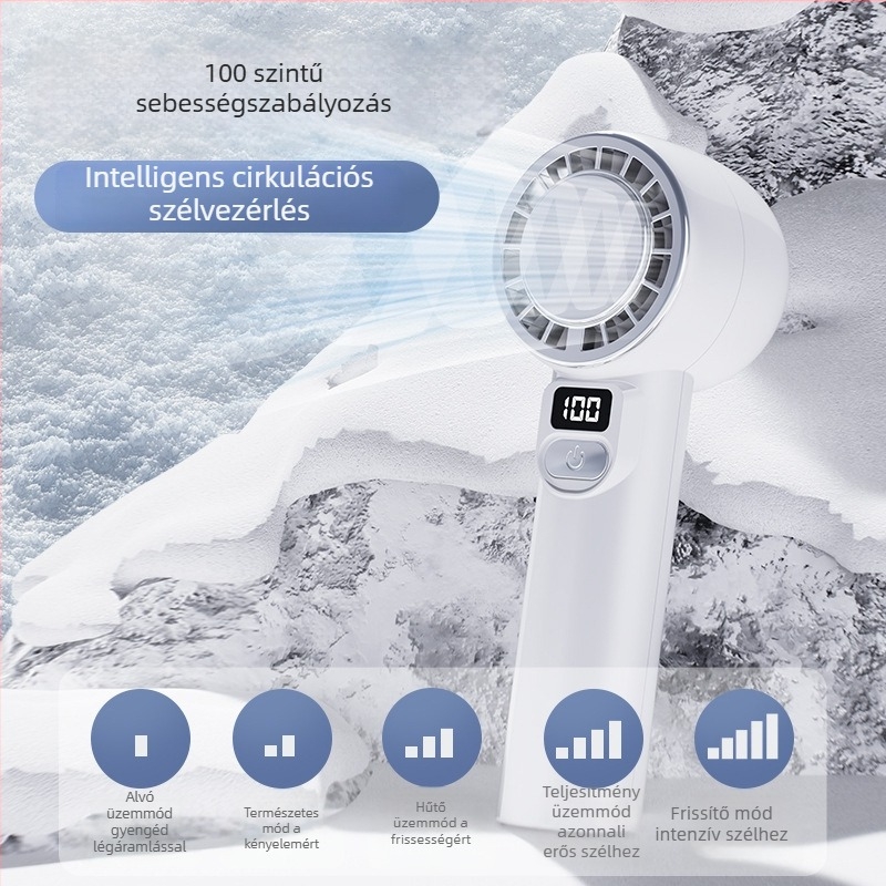 USB-töltésű kézi ventilátor digitális kijelzővel, tükrös kialakítás, zajmentes működés, 4 sebesség, beépített 1200–2000mAh akkumulátor, akár 6 órás üzemidő