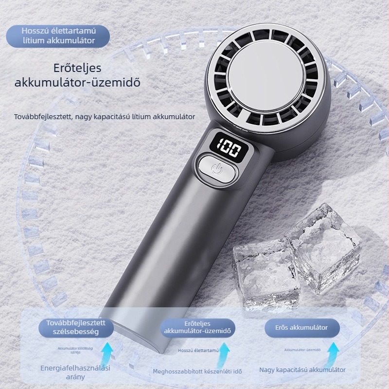 USB-töltésű kézi ventilátor digitális kijelzővel, tükrös kialakítás, zajmentes működés, 4 sebesség, beépített 1200–2000mAh akkumulátor, akár 6 órás üzemidő