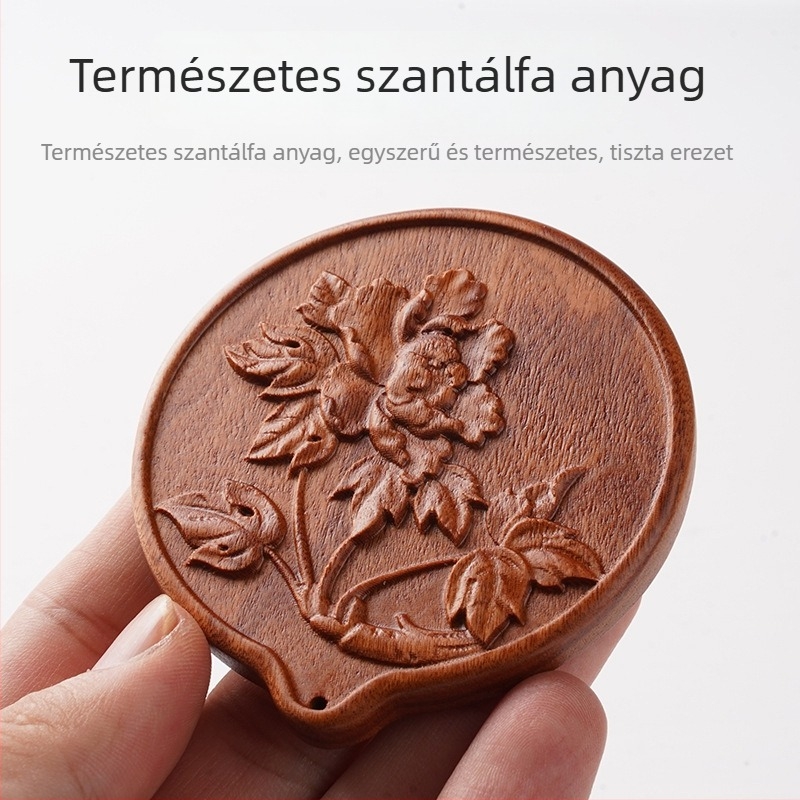 Kínai stílusú kör alakú kozmetikai tükör szantálfából és rózsafa fából, hordozható, gravírozással és piros bojtal