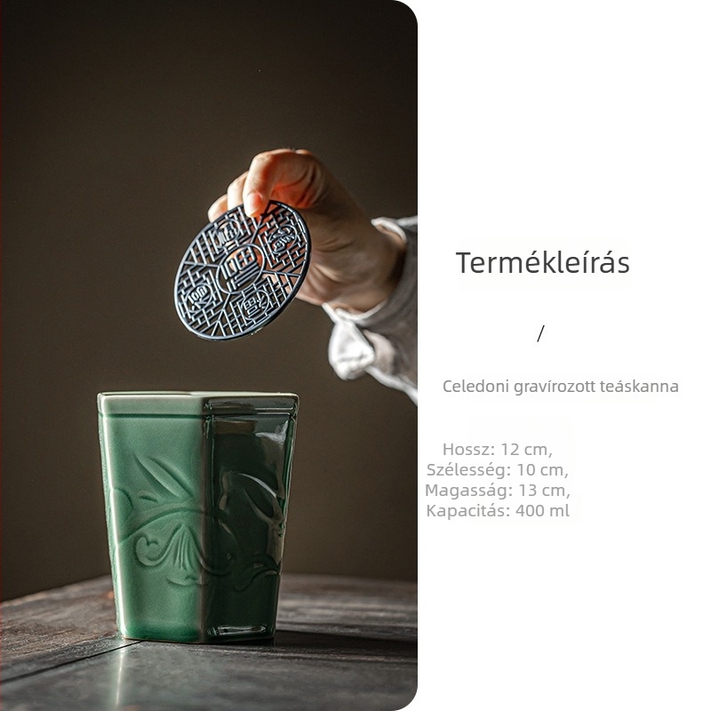 Retro prunaszínű celadon kerámia teatisztító pohár reliefes díszítéssel, tealevél-maradék tartó és csésze; kiegészítők Kung Fu tea készlethez és tea ceremóniához.