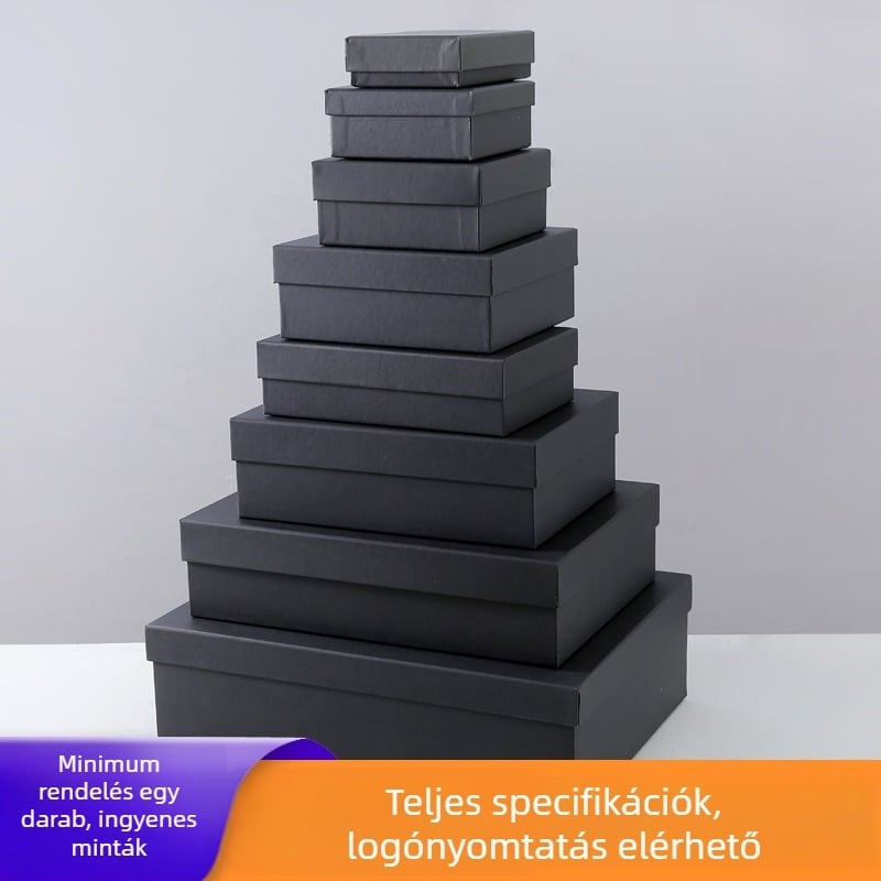 Fekete textúrájú papírból készült ajándékdoboz, téglalap alakú, nagy méret, kétszárnyú fedéllel, szuvenírhez