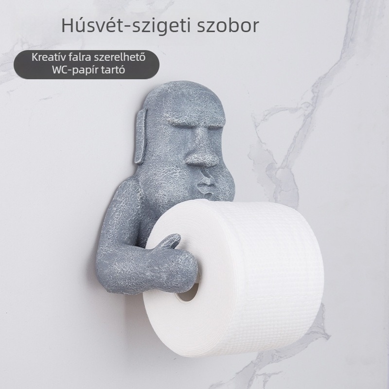 Moai kőszobor — falra szerelhető toalettpapír tartó, retro fürdőszobai dekoráció