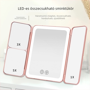 Mandis LED összecsukható sminktükör, asztali és falra szerelhető, háromrészes, utazáshoz kompakt