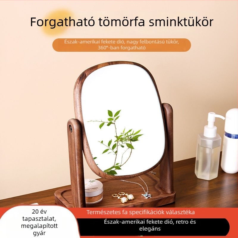 Észak-amerikai diófa sminktükör otthonra és irodába, asztali forgó tükör fa kerettel