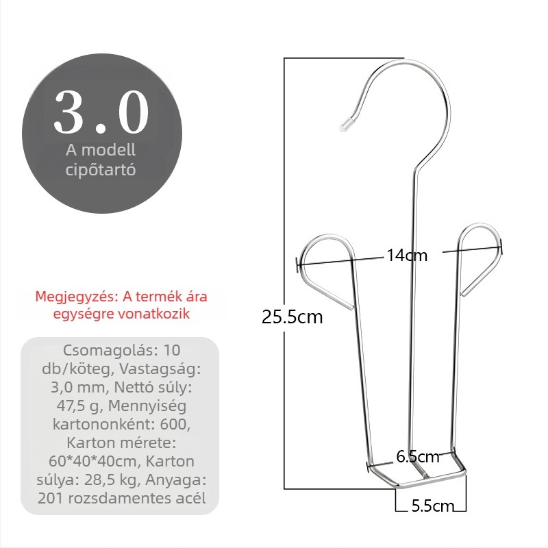 Rozsdamentes acélból készült cipőszárító, kültéri erkélyre, függő kivitel, nem mágneses, könnyű, 88 g, modern minimalista dizájn