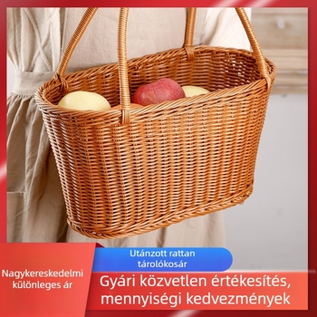Mesterséges rattanból készült gyümölcs- és zöldségtartó kosár fogantyúval, fonott magas kosár vidéki stílusban
