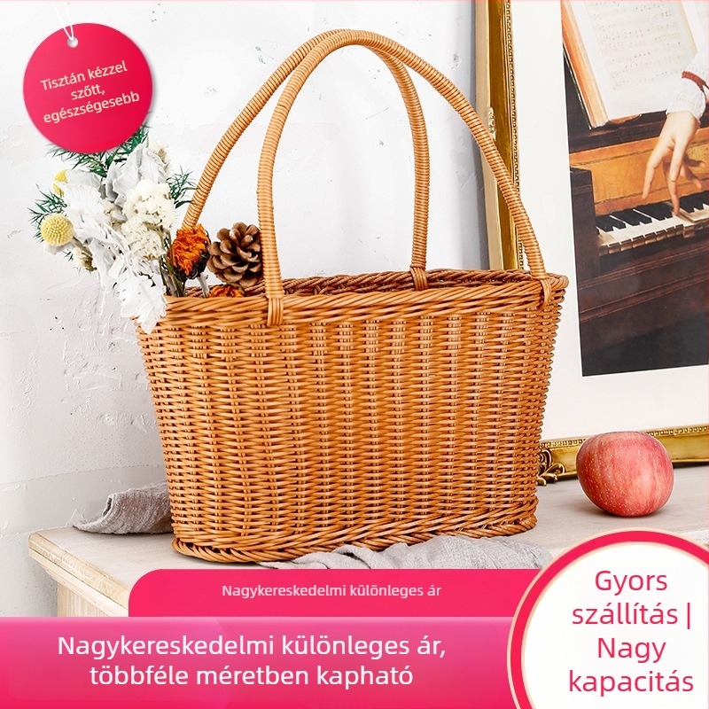 Mesterséges rattanból készült gyümölcs- és zöldségtartó kosár fogantyúval, fonott magas kosár vidéki stílusban