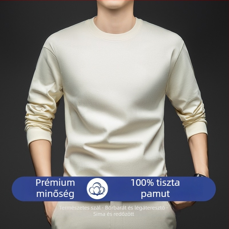 Férfi 100% pamut kerek nyakú hosszú ujjú felső, egyszínű, sportos mindennapi viselet