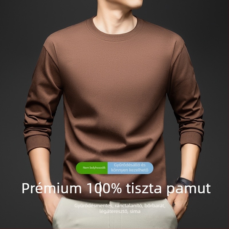 Férfi 100% pamut kerek nyakú hosszú ujjú felső, egyszínű, sportos mindennapi viselet