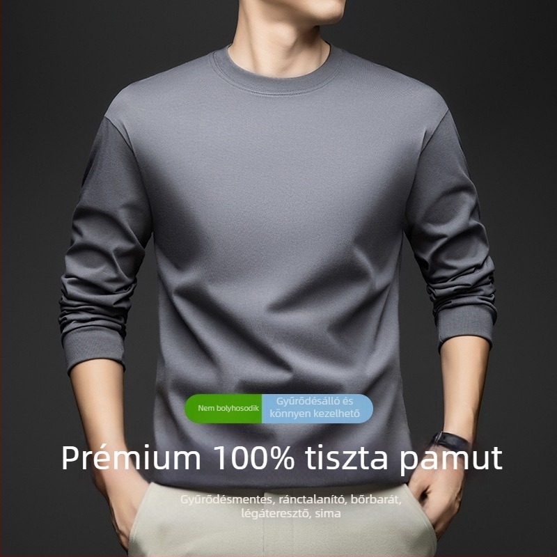 Férfi 100% pamut kerek nyakú hosszú ujjú felső, egyszínű, sportos mindennapi viselet