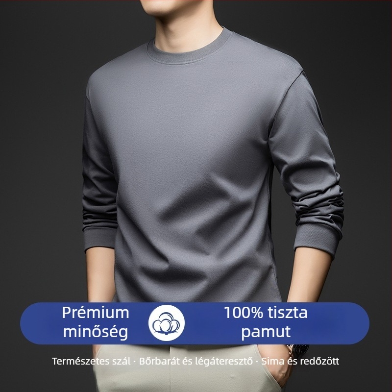 Férfi 100% pamut kerek nyakú hosszú ujjú felső, egyszínű, sportos mindennapi viselet