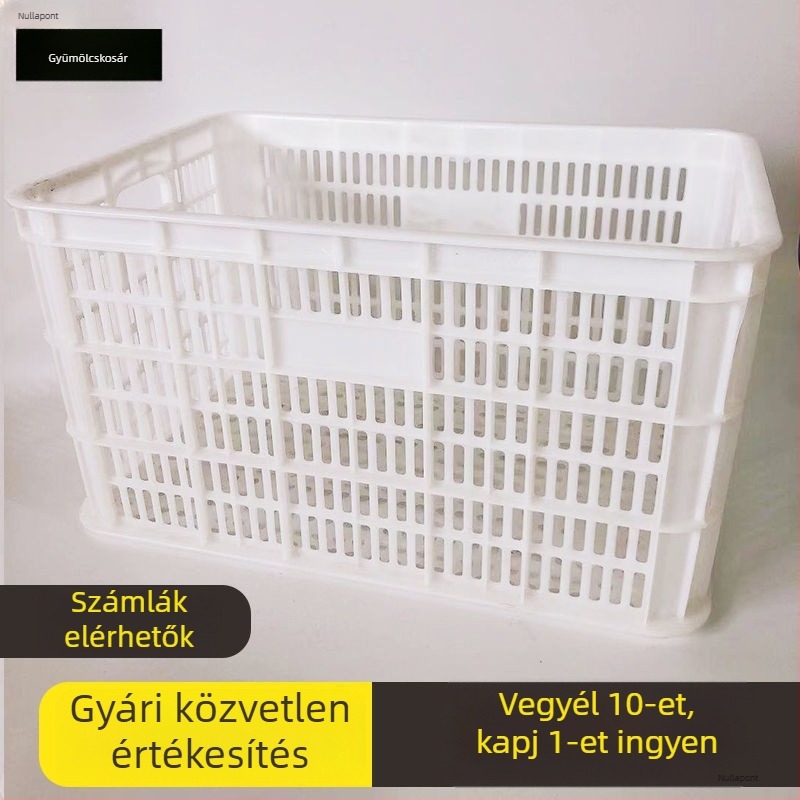 Fehér téglalap alakú műanyag kosár gyümölcsök és zöldségek számára, megerősített kerettel, nagy méret
