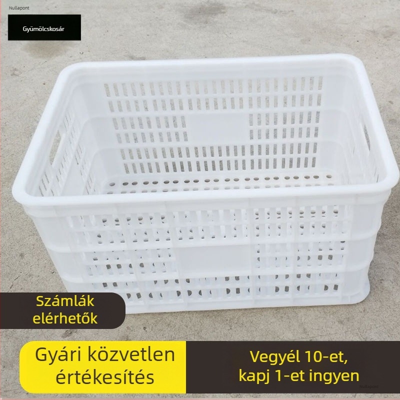 Fehér téglalap alakú műanyag kosár gyümölcsök és zöldségek számára, megerősített kerettel, nagy méret