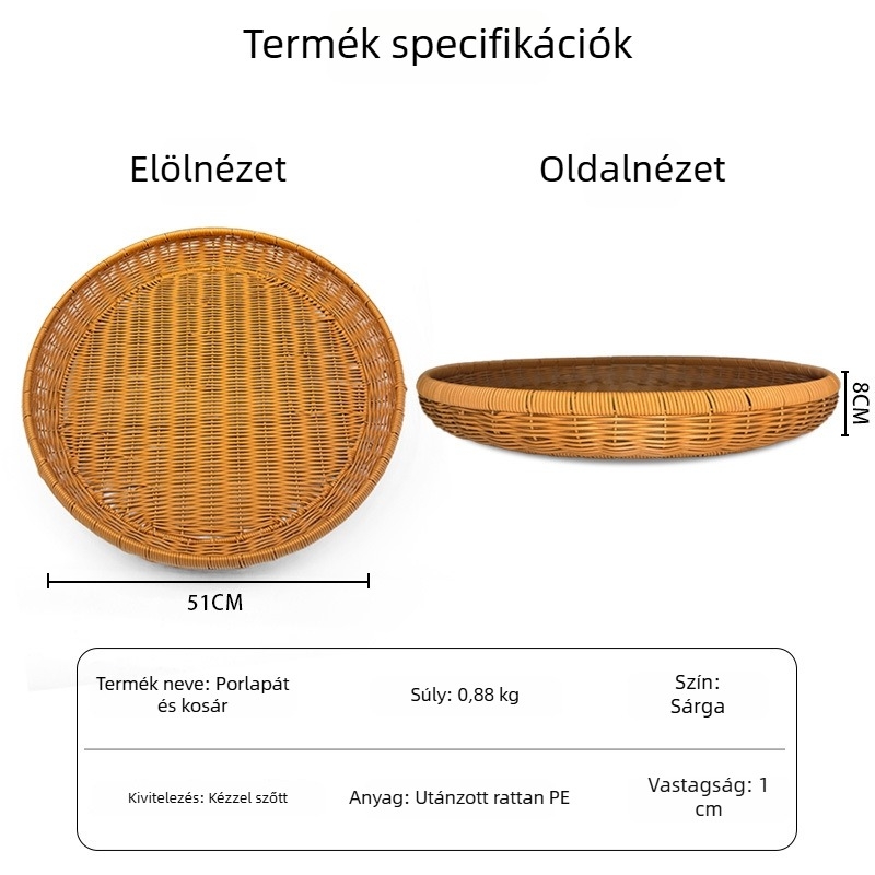 Kézzel készített műanyag rattan hatású fonott kosár zöldségek szárítására és száraz áruk tárolására, kenyérrel, gombóccal és szárított paprikával