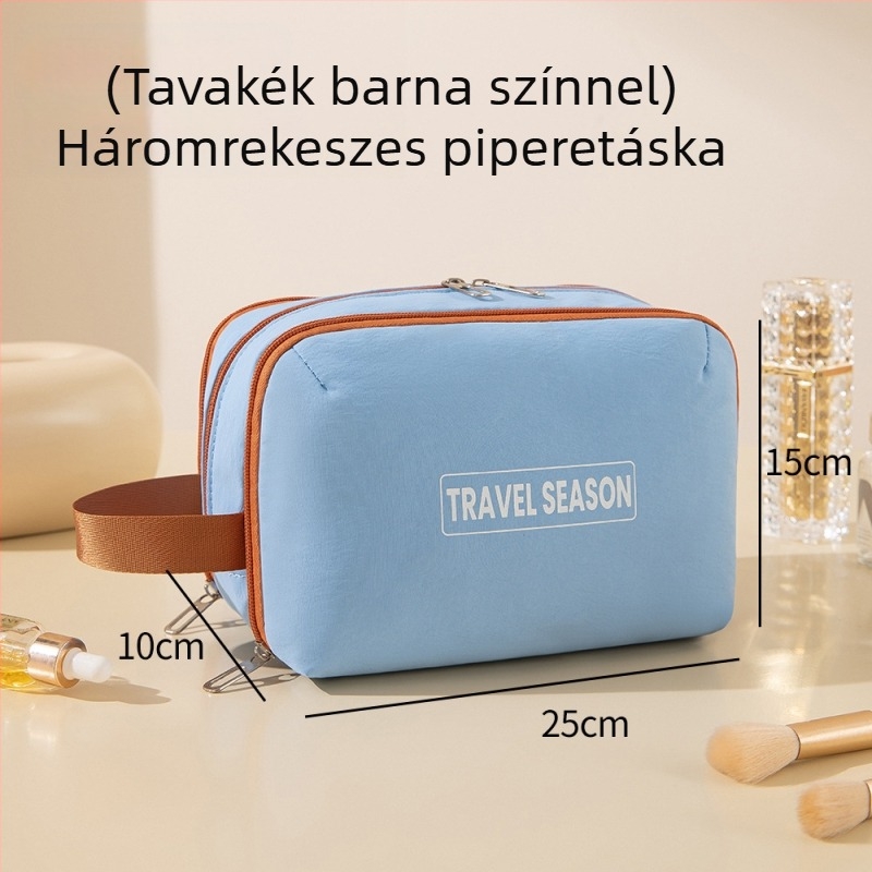Velúr utazó neszesszer három rekesszel, kontrasztos színben, kozmetikumok és higiéniai termékek számára, kézben tartható fogantyúval