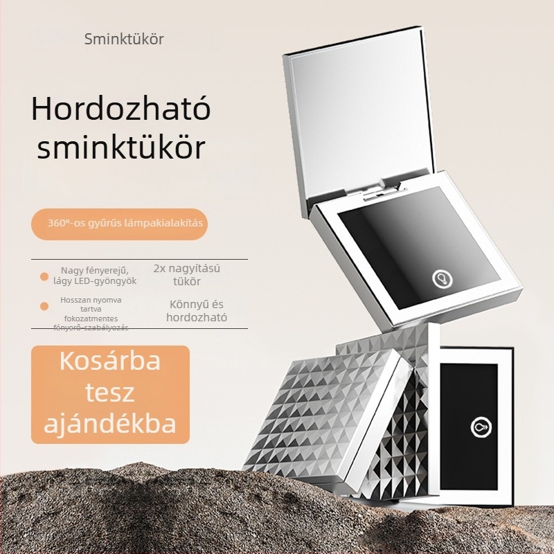 Összecsukható LED sminktükör, könnyű, hordozható, kétoldalú HD sminktükör fedéllel