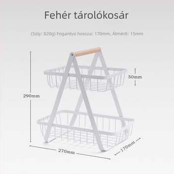 Kovácsoltvasból készült két szintes gyümölcskosár és tárolóállvány, kültéri és konyhai használatra, levehető kosárral