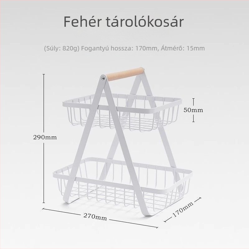 Kovácsoltvasból készült két szintes gyümölcskosár és tárolóállvány, kültéri és konyhai használatra, levehető kosárral