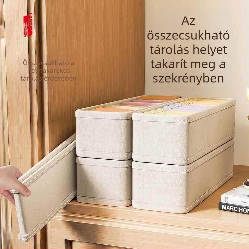 Pamut-len tartalmú fehérnemű és zokni tároló doboz, összecsukható, mosható, fiókos szekrényhez.