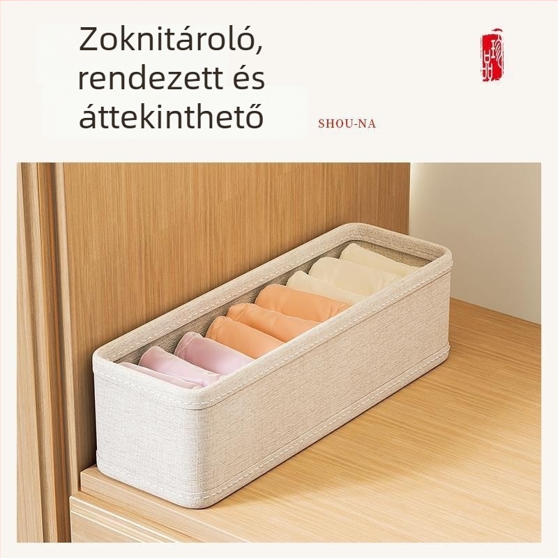 Pamut-len tartalmú fehérnemű és zokni tároló doboz, összecsukható, mosható, fiókos szekrényhez.