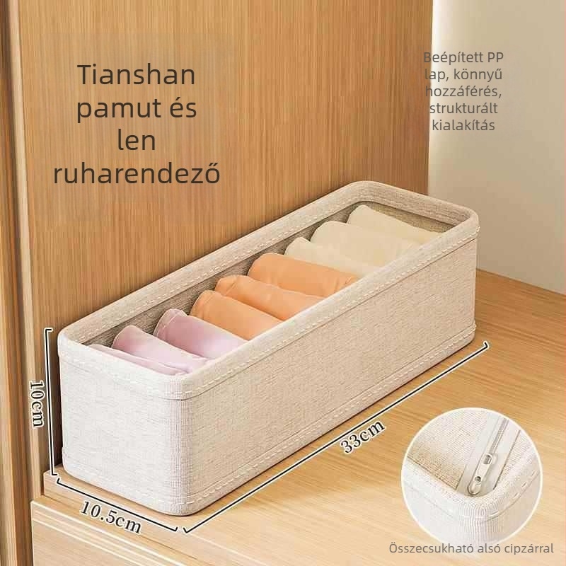 Pamut-len tartalmú fehérnemű és zokni tároló doboz, összecsukható, mosható, fiókos szekrényhez.
