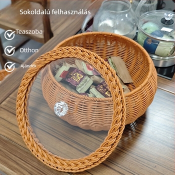 Imitált rattan gyümölcskosár, kézzel készített kör alakú tojás tároló kosár fedővel, fonott asztali tároló a nappaliba