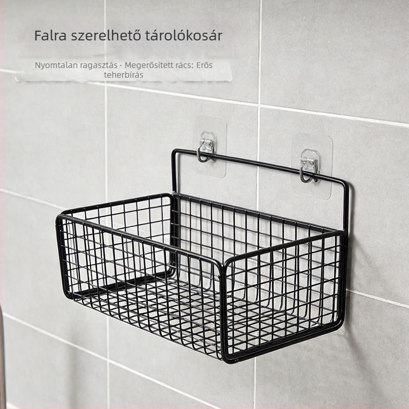 Fali tárolópolc hálós rácsos, vasból készült kosárral