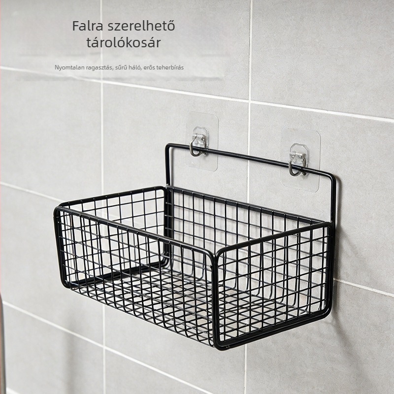 Fali tárolópolc hálós rácsos, vasból készült kosárral
