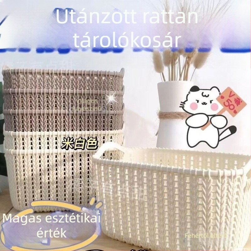 Rattanhatású koreai stílusú asztali tárolókosár kozmetikumokhoz, műanyag tároló kosár nassolnivalókhoz és apró tárgyakhoz