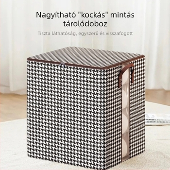 Zárható tároló doboz nem szőtt anyagból, houndstooth mintás, 45×38×45 cm, kapacitás 90–100 L, összecsukható, ruhák és játékok tárolására