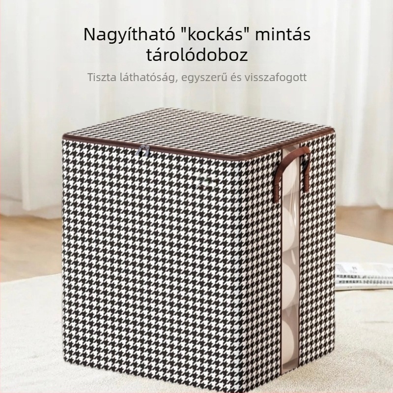 Zárható tároló doboz nem szőtt anyagból, houndstooth mintás, 45×38×45 cm, kapacitás 90–100 L, összecsukható, ruhák és játékok tárolására
