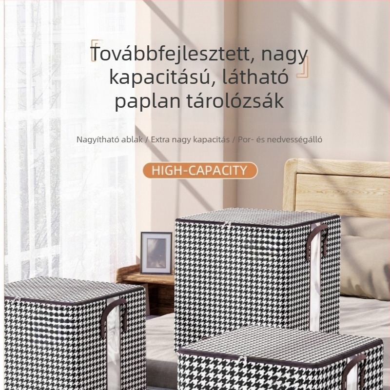 Zárható tároló doboz nem szőtt anyagból, houndstooth mintás, 45×38×45 cm, kapacitás 90–100 L, összecsukható, ruhák és játékok tárolására