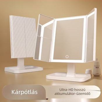Asztali kétoldalas sminktükör LED világítással, összecsukható és hordozható, kompakt kozmetikai tükör az asztalhoz