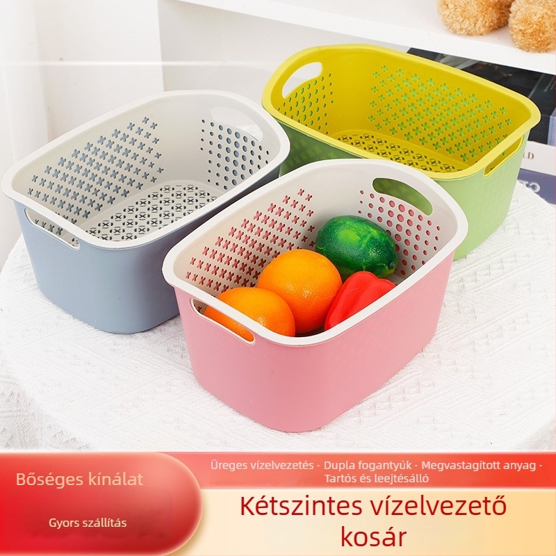 Műanyag leeresztőkosár zöldségek és gyümölcsök tisztításához, modern, egyszerű konyhai tárolókosár logónyomtatási lehetőséggel