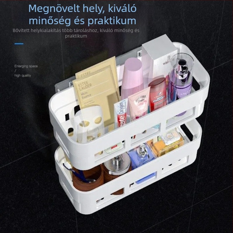 Fúrás nélküli falra szerelhető fürdőszobai tároló, erős, műanyag kosár