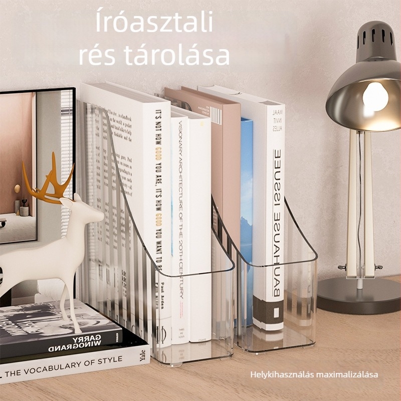 Átlátszó könyvállvány és íróasztali tároló doboz, ideális diákasztalhoz, elválasztó