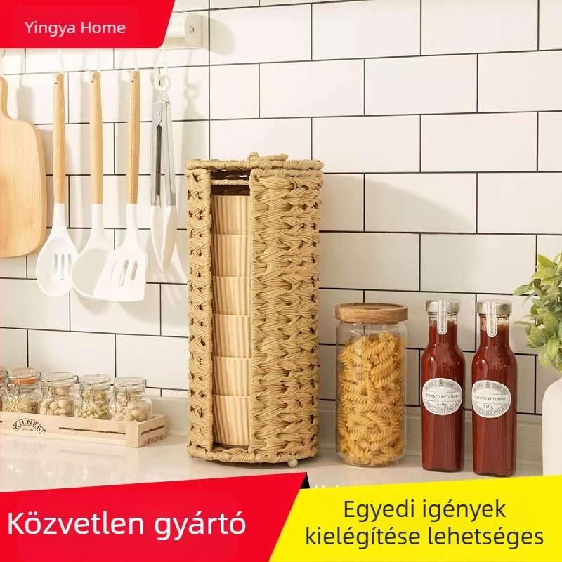 Fedeles rattan tároló kosár, konyhai pultra helyezhető, tálak és bögrék tárolására, szalvéta és papírtörlő tekercs tároló