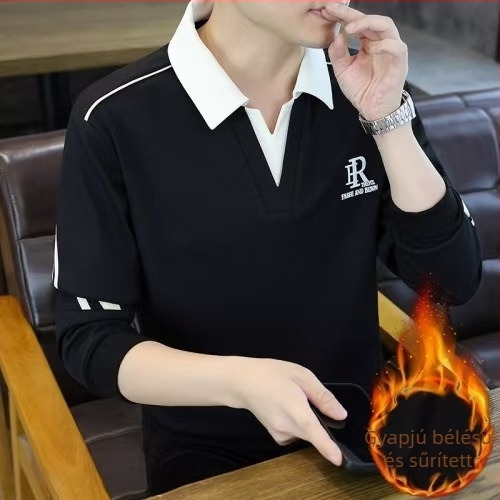 Férfi polo-stílusú fleece-bélelt vastag pulóver hímzéssel, őszi-téli 2025