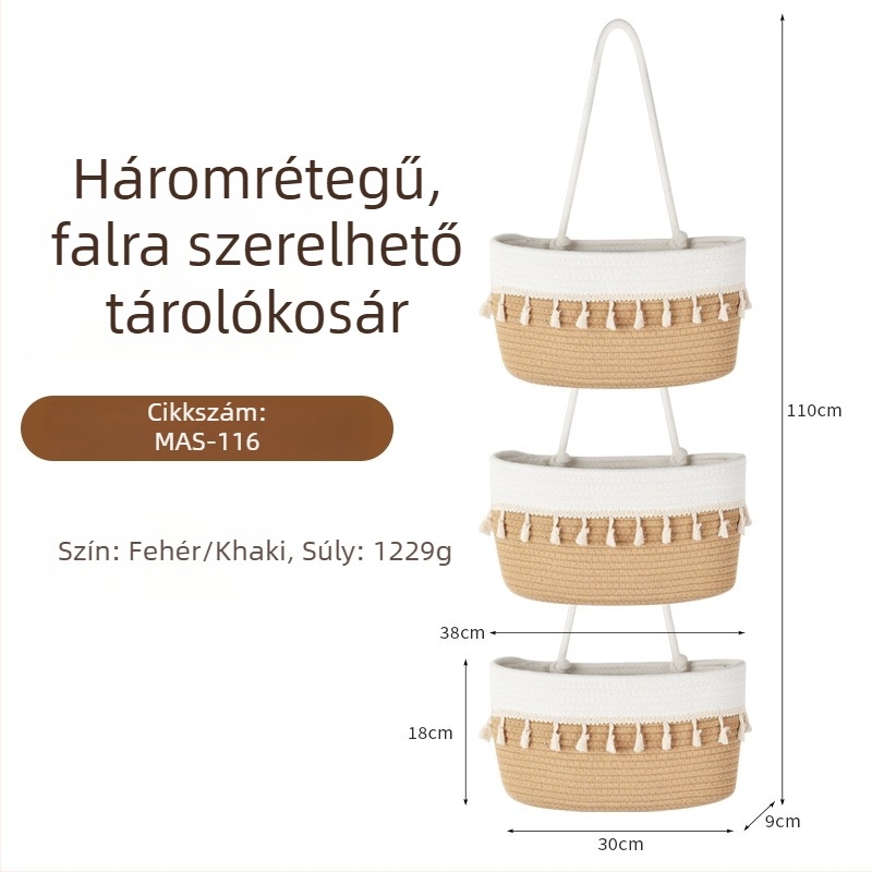Nordic stílusú, háromszintes falra szerelhető tárolókosár pamutkötélből, otthoni dekorációhoz és konyhai rendszerezéshez.