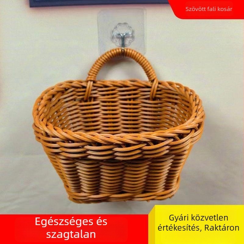 M01 Konyhai falra akasztható kosár, kézzel készített, rattan-szerű tároló kosár kulcsok és virágok számára