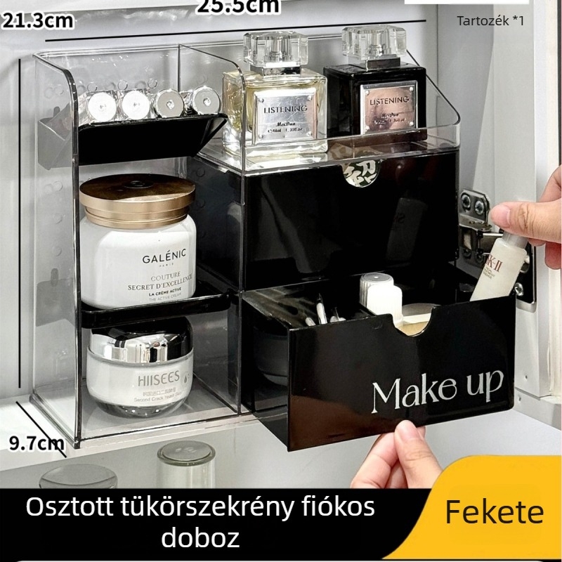 Fürdőszobai tükör alatt kozmetikai és bőrápolási tároló fiókos