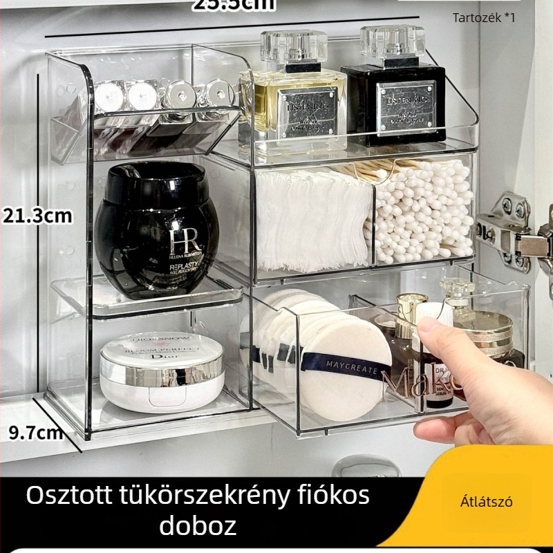 Fürdőszobai tükör alatt kozmetikai és bőrápolási tároló fiókos