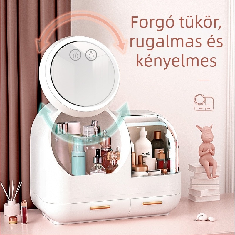 LED smink tároló doboz, nagy kapacitású asztali rendező sminkhez és bőrápoláshoz, porálló tároló