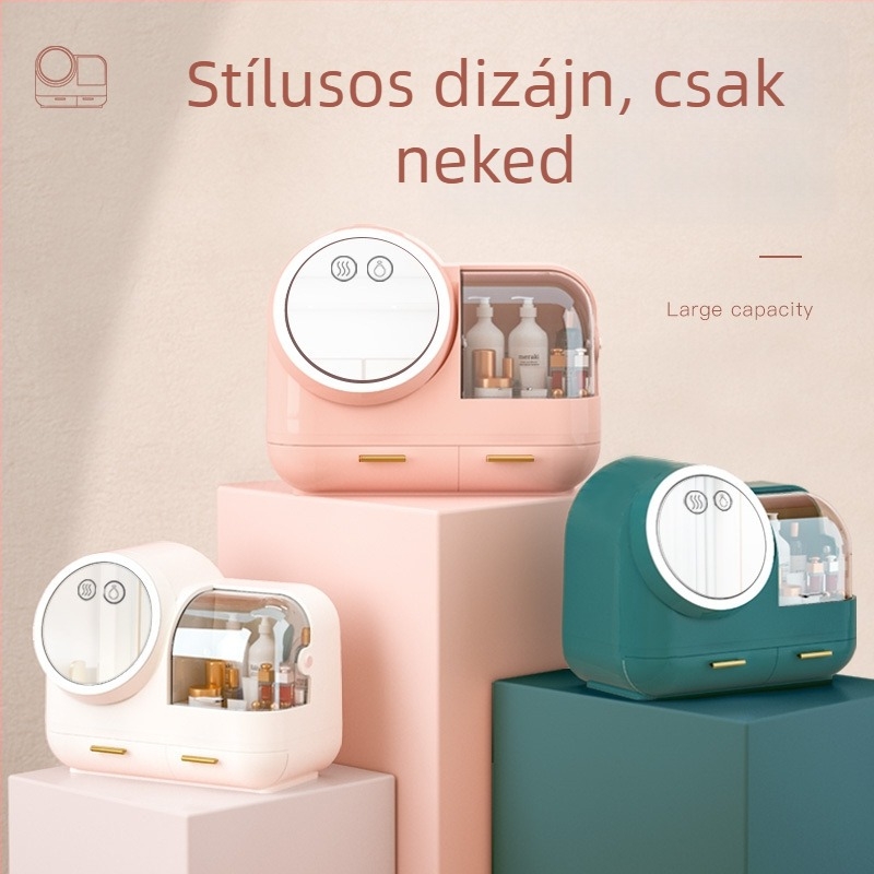 LED smink tároló doboz, nagy kapacitású asztali rendező sminkhez és bőrápoláshoz, porálló tároló
