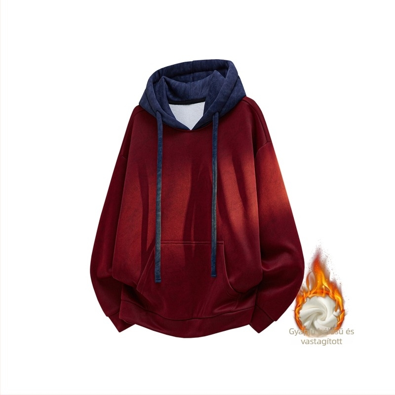 Férfi color-block kapucnis pulóver, laza szabás, fleece belső, poliészter terry anyag, tie-dye