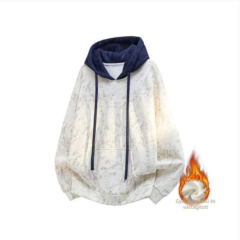 Férfi color-block kapucnis pulóver, laza szabás, fleece belső, poliészter terry anyag, tie-dye