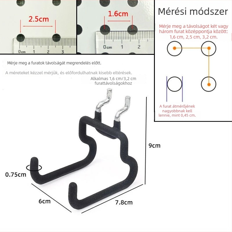 Konyhai pegboardhoz dupla akasztók, 2,5 cm-es lyukköz