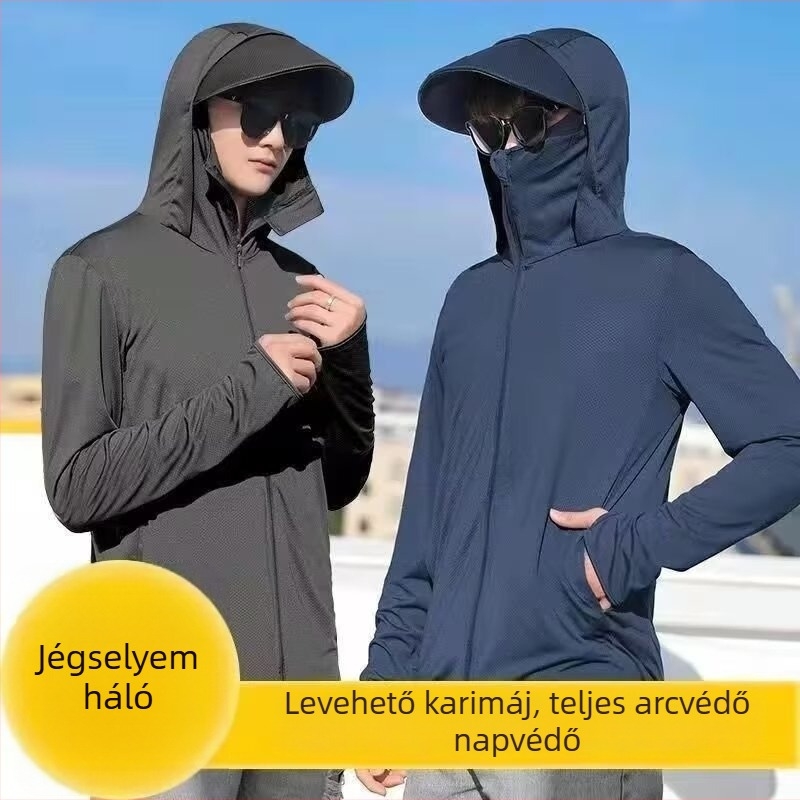 Férfi nyári kapucnis napsugárvédő kabát, légáteresztő, vékony, gyorsan száradó